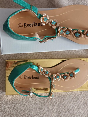 A.S. 98 Metallic Green Women's Sandals New with Gold Details and Beads