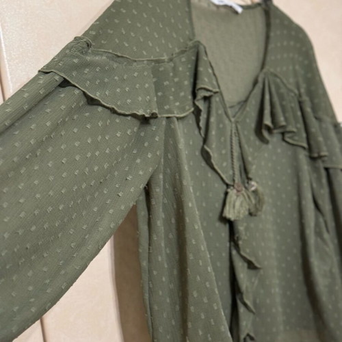 Zara khaki blouse semi-transparent with ruffles like new