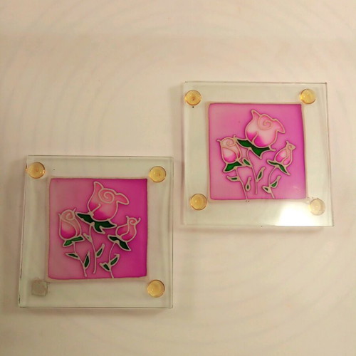 Coasters with roses, glass, set of two