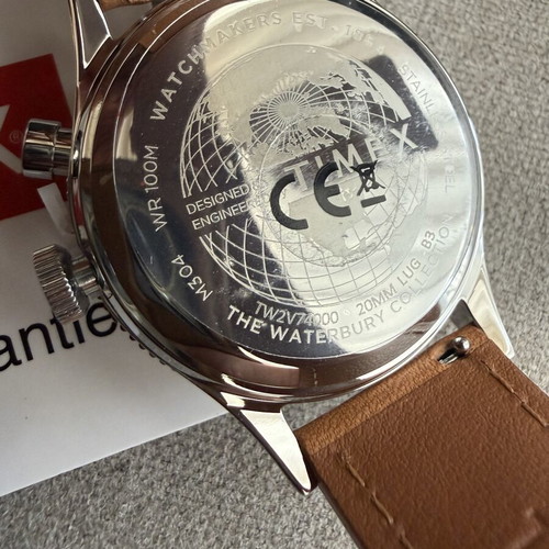 Timex Waterbury Traditional GMT watch new, black dial, brown leather strap