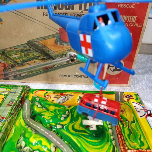 Biller helicopter air rescue vintage toy used with lithographed box from 1960