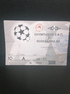 Olympiacos ticket stub used, Rosenborg 10/12/1997