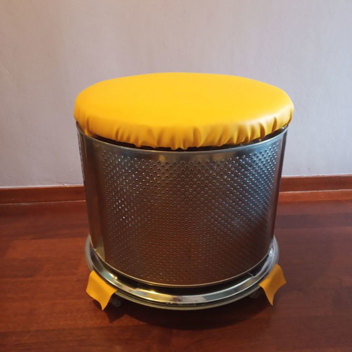 Upcycled metal wheeled stool with storage and yellow faux leather new