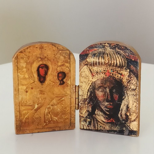 Vintage diptych icon with Virgin Mary and Archangel Michael used