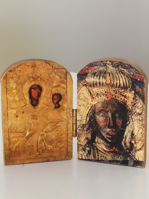 Vintage diptych icon with Virgin Mary and Archangel Michael used
