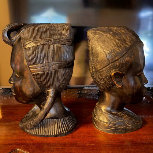 Pair of Handmade African Busts used, ebony, 1970s