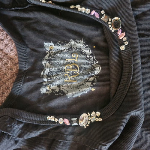RBL Black Ribbed Blouse like new with Decorative Stones and Strass