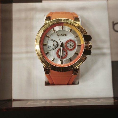 Breeze Chronograph Watch 110061.1, gold tone and orange silicone, NOS full set