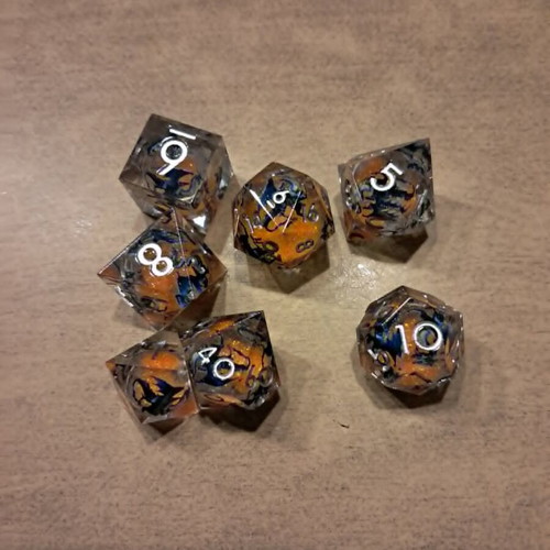 Liquid core D&D dice set with blue dragon design
