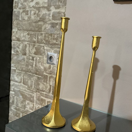 Set of two brass candlesticks with 24k gold leaf