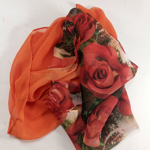 Scarf airy new 155x48 cm orange with red roses