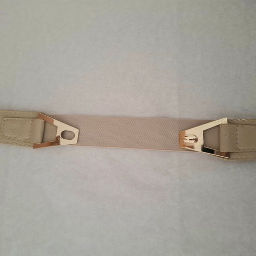 Elastic beige waist belt with gold buckle used, adjustable 90 cm