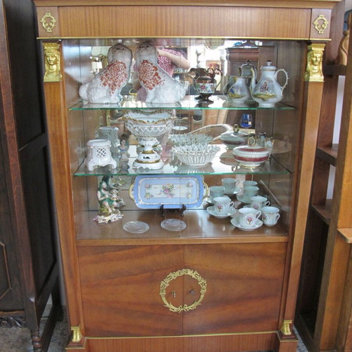Vintage Belgian Mahogany Display Cabinet with Gilded Bronze and Granite Top, Empire Revival