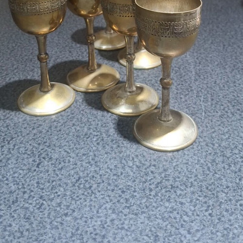 Liqueur glasses set of 6 used, vintage bronze with silver plating