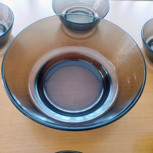 Vereco France 6+1 Bowl Set smoked glass 70s vintage mint condition