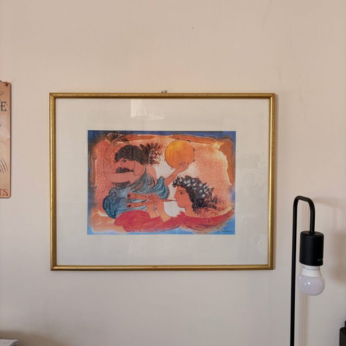 Painting by G. Stathopoulos framed with glass used