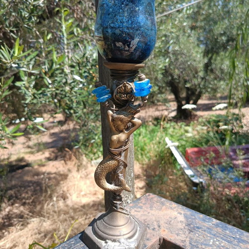 Vintage Greek Handmade Bronze Candlestick "Mermaid" with Blown Glass
