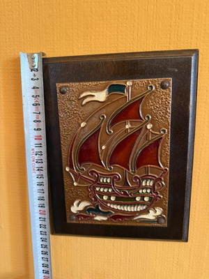 Embossed copper decorative ship on wooden base like new