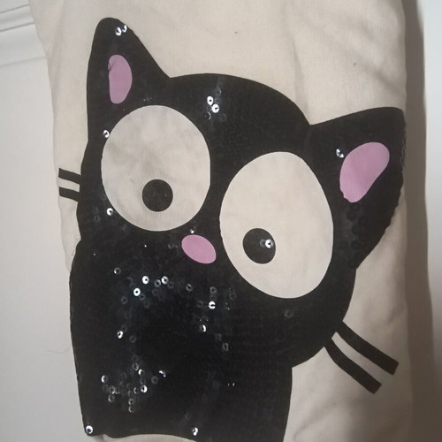 Fabric shoulder bag like new, ecru with black cat sequins design