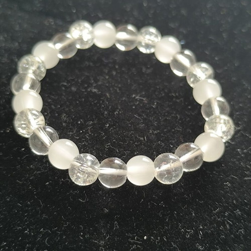 Bracelet with Quartz and White Cat's Eye beads new, elastic