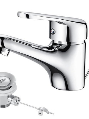 Auralum basin mixer tap with ceramic mechanism and drain set, chrome