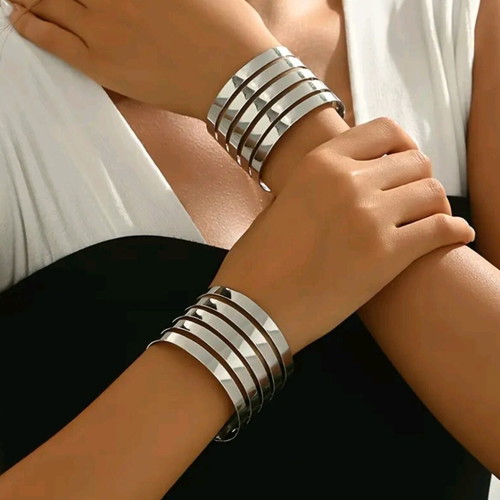 Double Set of Metal Cuff Bracelets New Silver