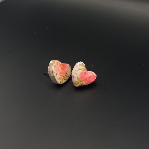 Handmade ceramic heart earrings with decoupage and glass coating, new