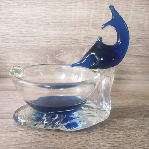Murano crystal set used, blue basket with handle and dolphin ashtray