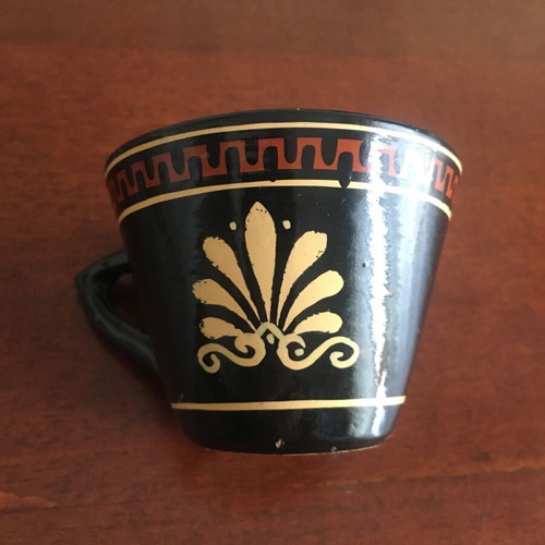 Souvenir coffee cup Ancient Greece used, hand-painted terracotta