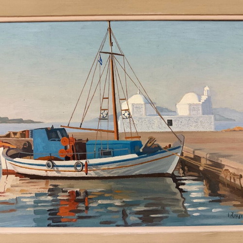 Oil painting by I. Sergoulopoulos used, framed, Aegina - Agios Nikolaos harbor