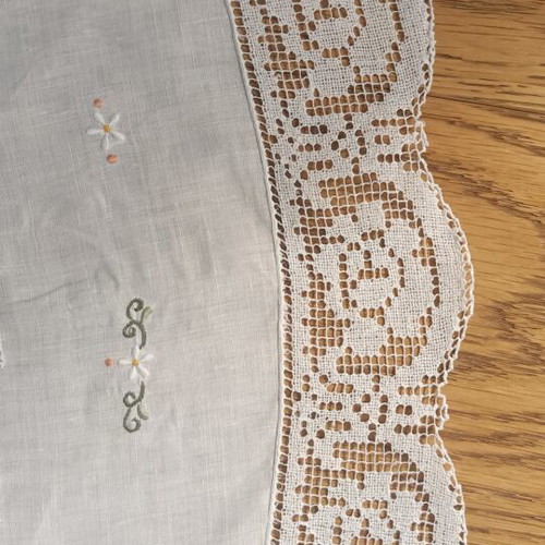 Vintage 1980s embroidered tablecloth used, fabric for upcycling