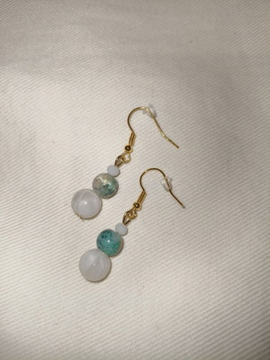 Handmade gold earrings with white and turquoise colors, new