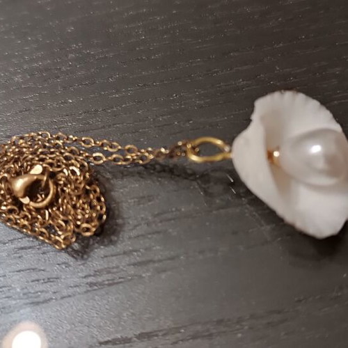 Shell necklace with pearl handmade, white and gold