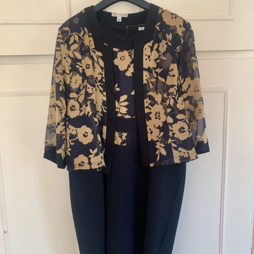 Chris evening dress set with bolero like new, dark blue and gold lace