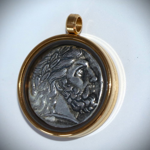 Pendant with ancient silver-plated coin - replica - Amphipolis - Philip, glass case 22K gold-plated