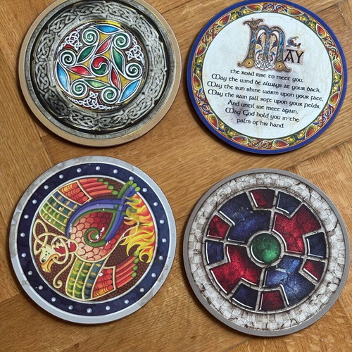 Coasters with Celtic designs, new, set of 4, wood and cork