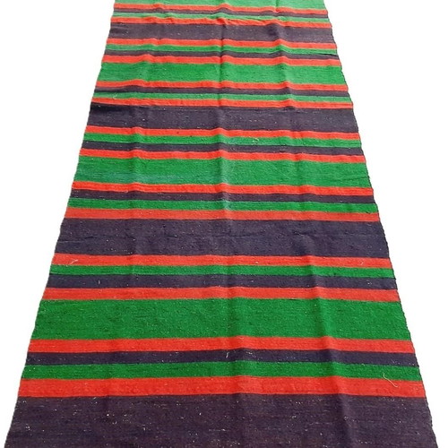 Vintage Bulgarian rug with colorful horizontal stripes and fringes like new