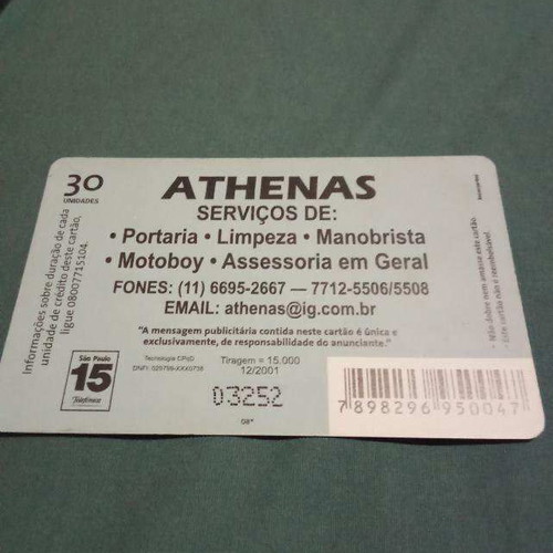 Athenas phone card Brazil used, tirage 15,000, 12/2001