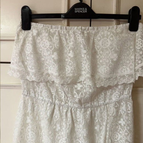 Lynne white long strapless lace dress