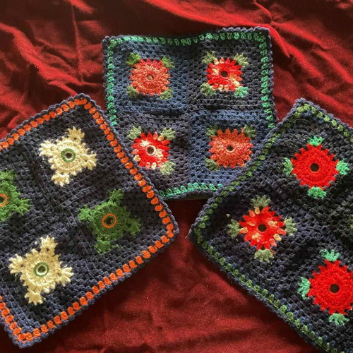 Vintage Crochet Granny Squares Set of 3 Decorative Pillows like new