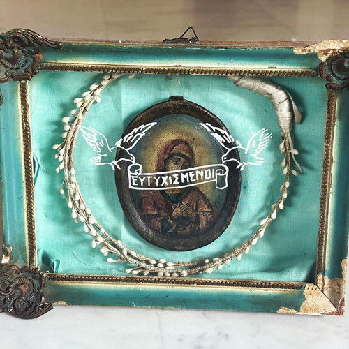 Antique Russian Orthodox Virgin Mary icon in handmade wedding frame, 1890s
