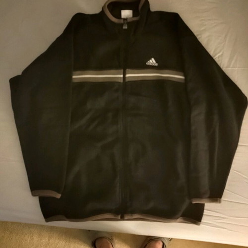 Adidas fleece oversized used with zipper discoloration, size L, black and white
