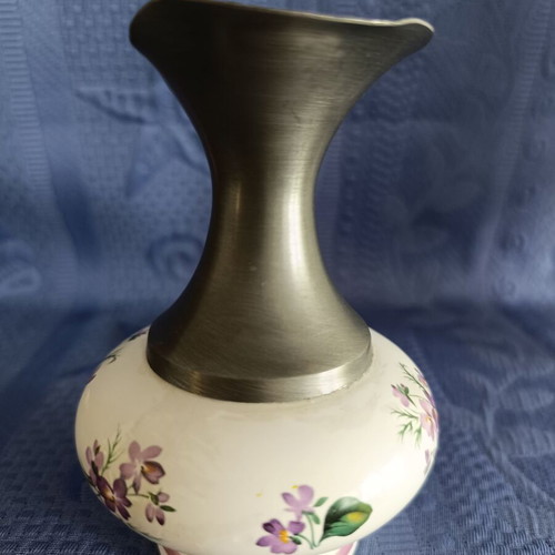 Small pitcher or vase from French porcelain and pewter like new
