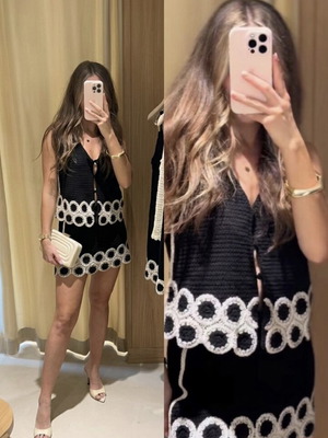 Mango Crochet boho καλοκαιρινό σετ γιλέκο και μίνι φούστα