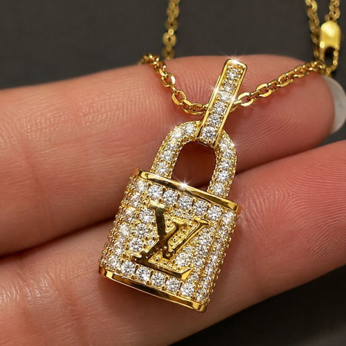 Louis Vuitton Monogram World Tour Padlock Necklace with Strass, Gold Tone
