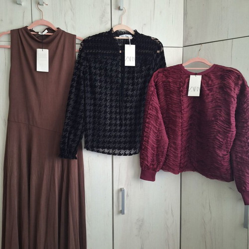 Zara dress, black blouse and brown jacket set, size L