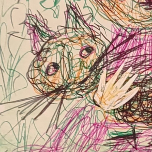 Modern art drawing with collage girl holding cat