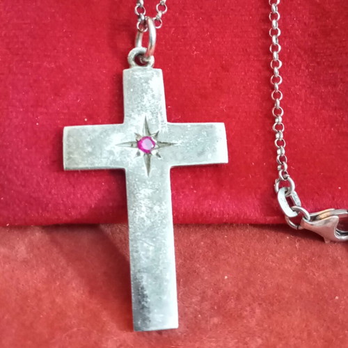 Silver cross necklace 925 with synthetic ruby used, old Russian