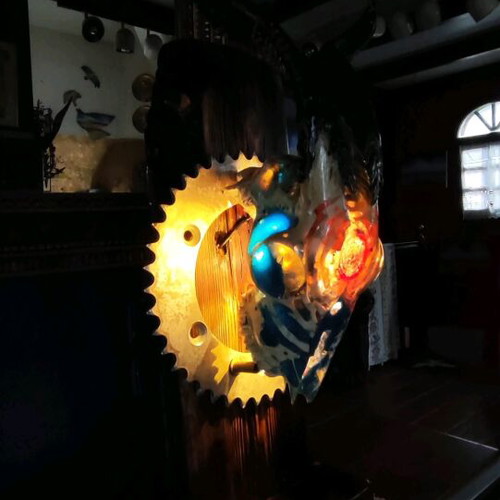 Table lamp handmade with carved goat skull and driftwood base