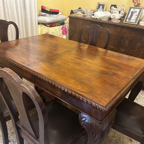 Walnut dining set with 6 chairs and buffet, vintage